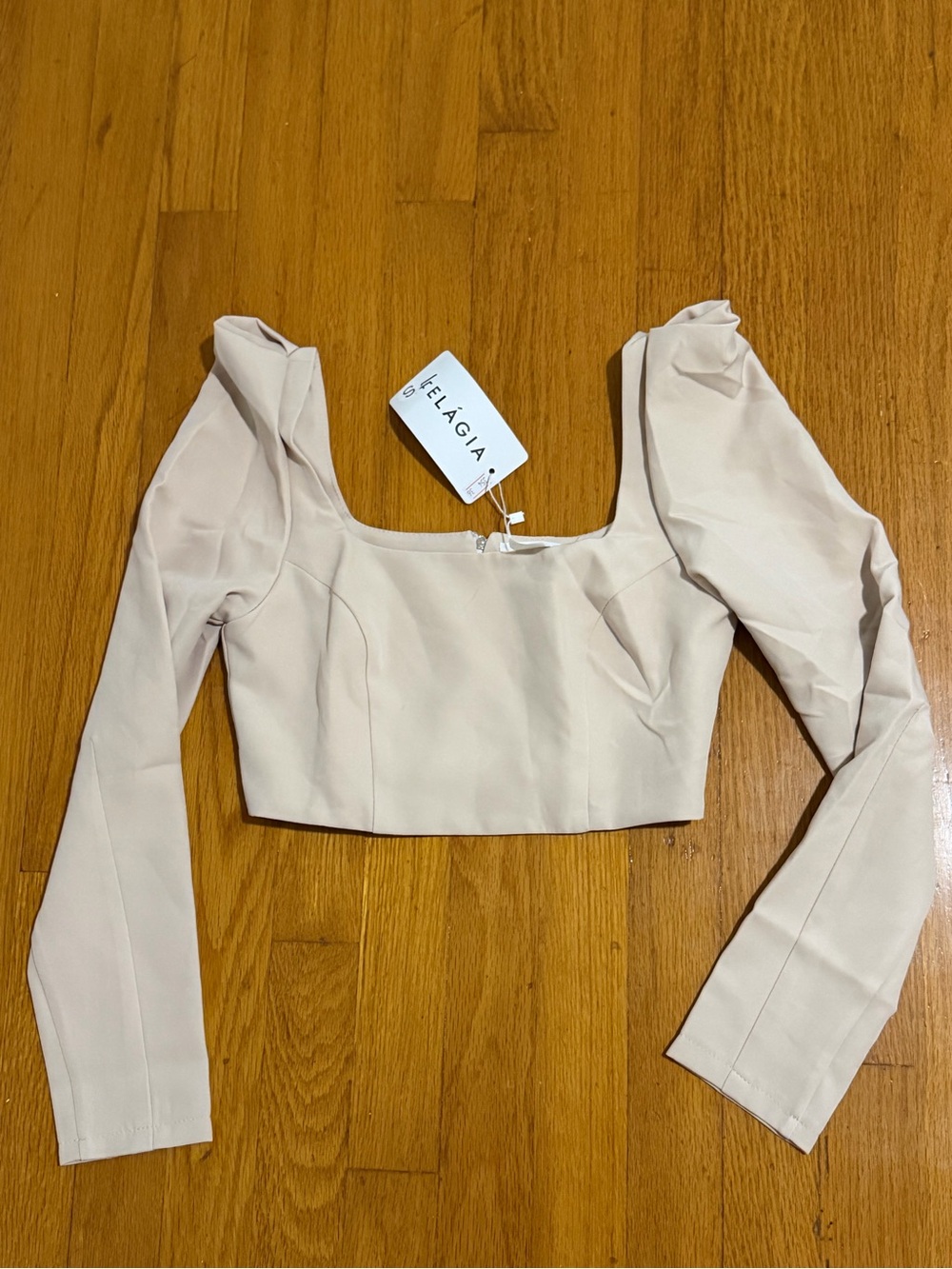 Long Sleeve Square Neck Crop Top in Beige
